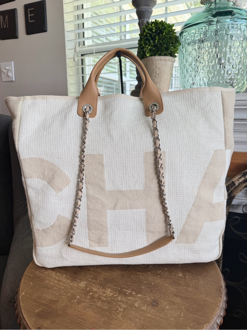 CHANEL Deauville Maxi Shopper Tote with Lambskin Leather Chain-Trim Handles